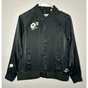 LEVI'S Strauss Black Satin Floral Embroidered Bomber Jacket Sz M